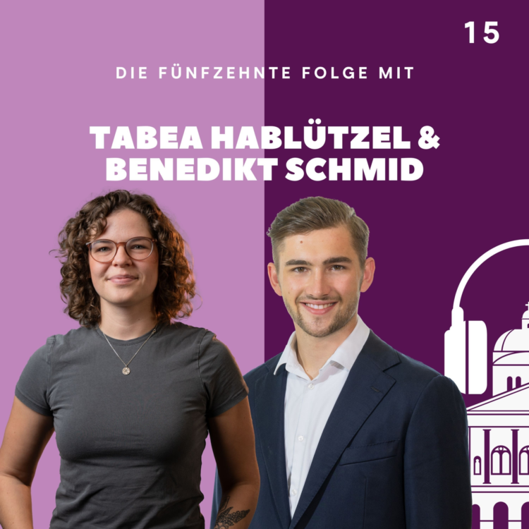 Tabea Hablützel und Benedikt Schmid auf einem violetten Podcast Cover der jungen Mitte.
