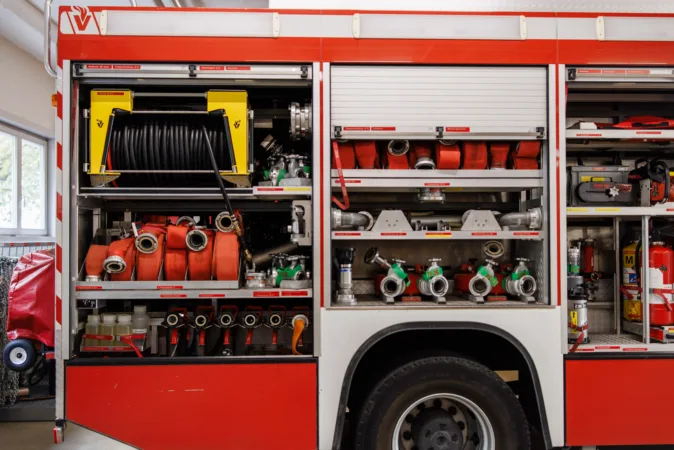 Feuerwehr-Auto offen, sodass man die Schläuche im hinteren Teil des Fahrzeugs sieht