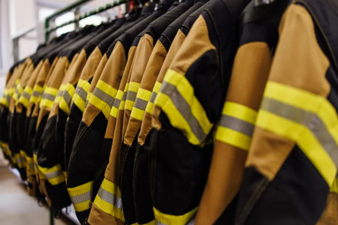 Gelbe Feuerwehrjacken an Garderobe aufgehängt