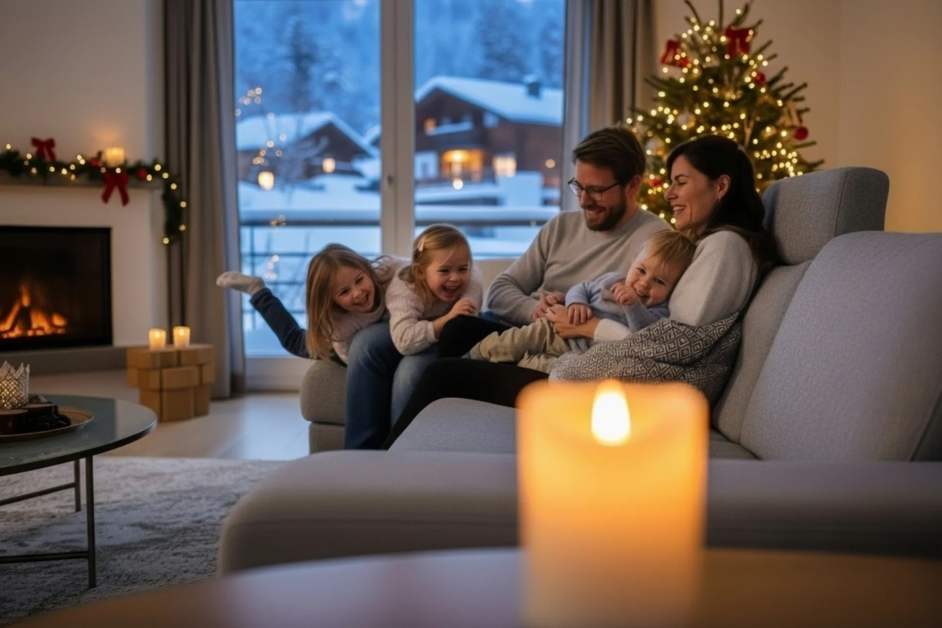 Eine Familie verbringt einen warmen, fröhlichen Winterabend zusammen, umgeben von Kerzenlicht, Weihnachtsbaum und verschneiter Landschaft.
