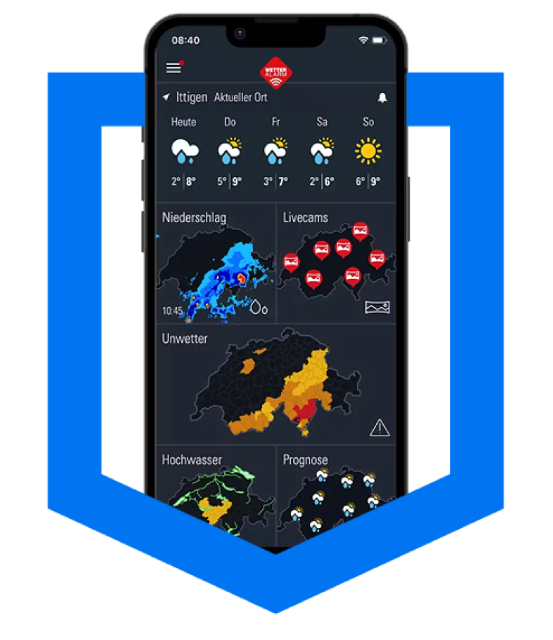Wetter-Alarm Schweiz Handyscreen