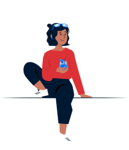 Illustrierte Person in rotem Pullover und dunkler Hose sitzt entspannt auf einer Kante und hält ein Smartphone in der Hand.