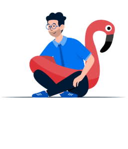 Illustrierte Person mit Brille sitzt neben einem Flamingo-Schwimmring.
