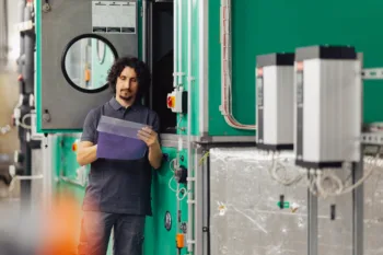 Haustechplus-Mitarbeiter überprüft Gebäudetechnik