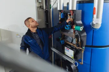 Haustechplus-Mitarbeiter prüft Heizung