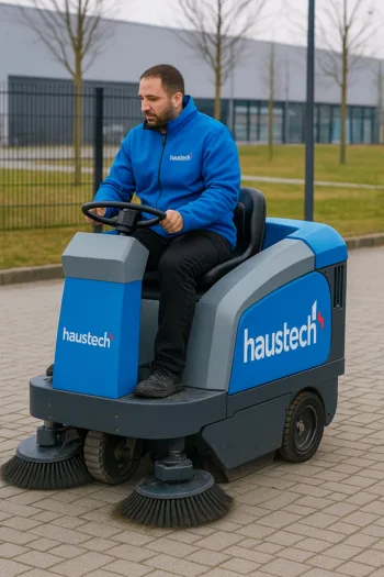 Bodenreinigung durch einen Mitarbeitenden der Haustechplus auf einer Aufsitzkehrmaschine