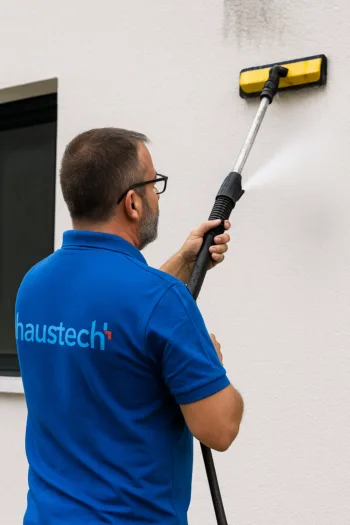 Fassadenreinigung durch einen Mitarbeitenden von Haustechplus
