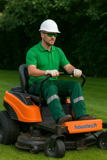 Gärnter sitzt auf einem Aufsitzmäher und mäht den Rasen