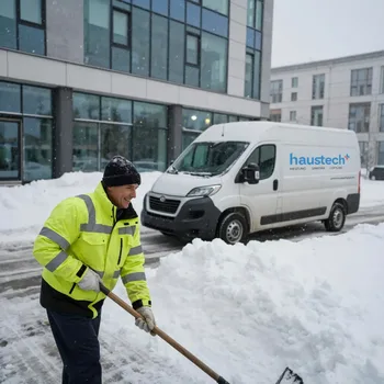 Mario von Rotz Mitarbeiter räumt Schnee vor Firmengebäude oder auf Betriebsareal