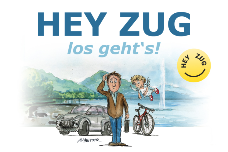Illustration, ein Mann, ein Engel, ein Auto und ein Fahrrad an der Zuger Seepromenade
