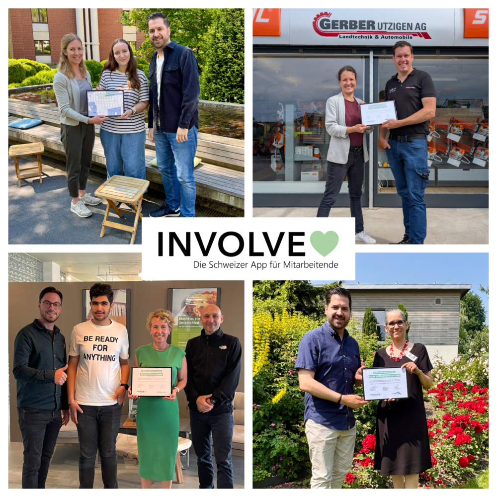 Collage der Zertifikatsübergaben mit den Firmen ElfenauPark, Gerber Utzigen AG, Oeko Service GmbH, Gutknecht-Stiftung