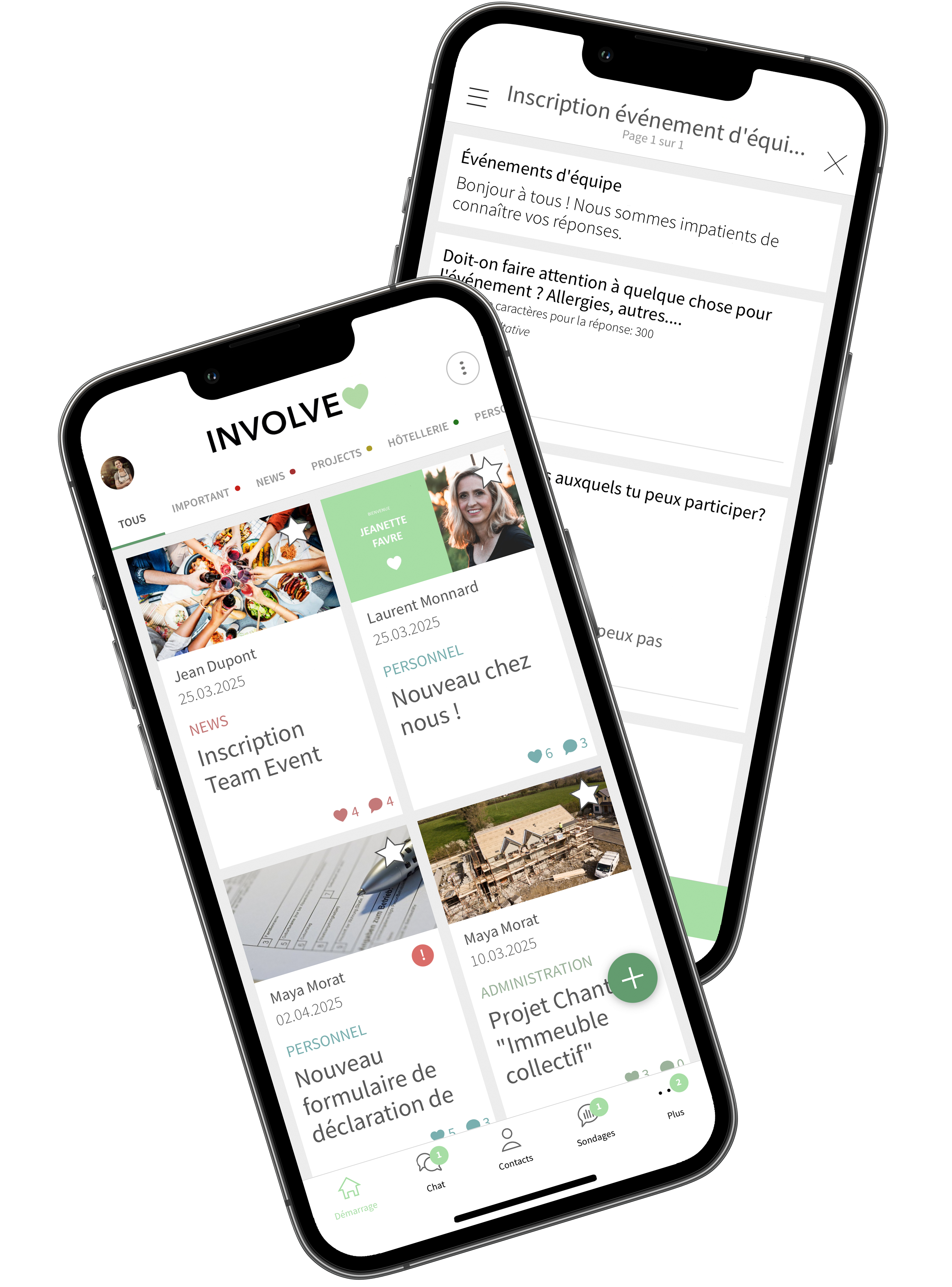Deux images de smartphone avec l'application pour les employés Involve ouverte. La page d'actualités est ouverte sur le premier image, tandis qu'un sondage rempli concernant la participation à un événement d'équipe est ouvert sur le second image.
