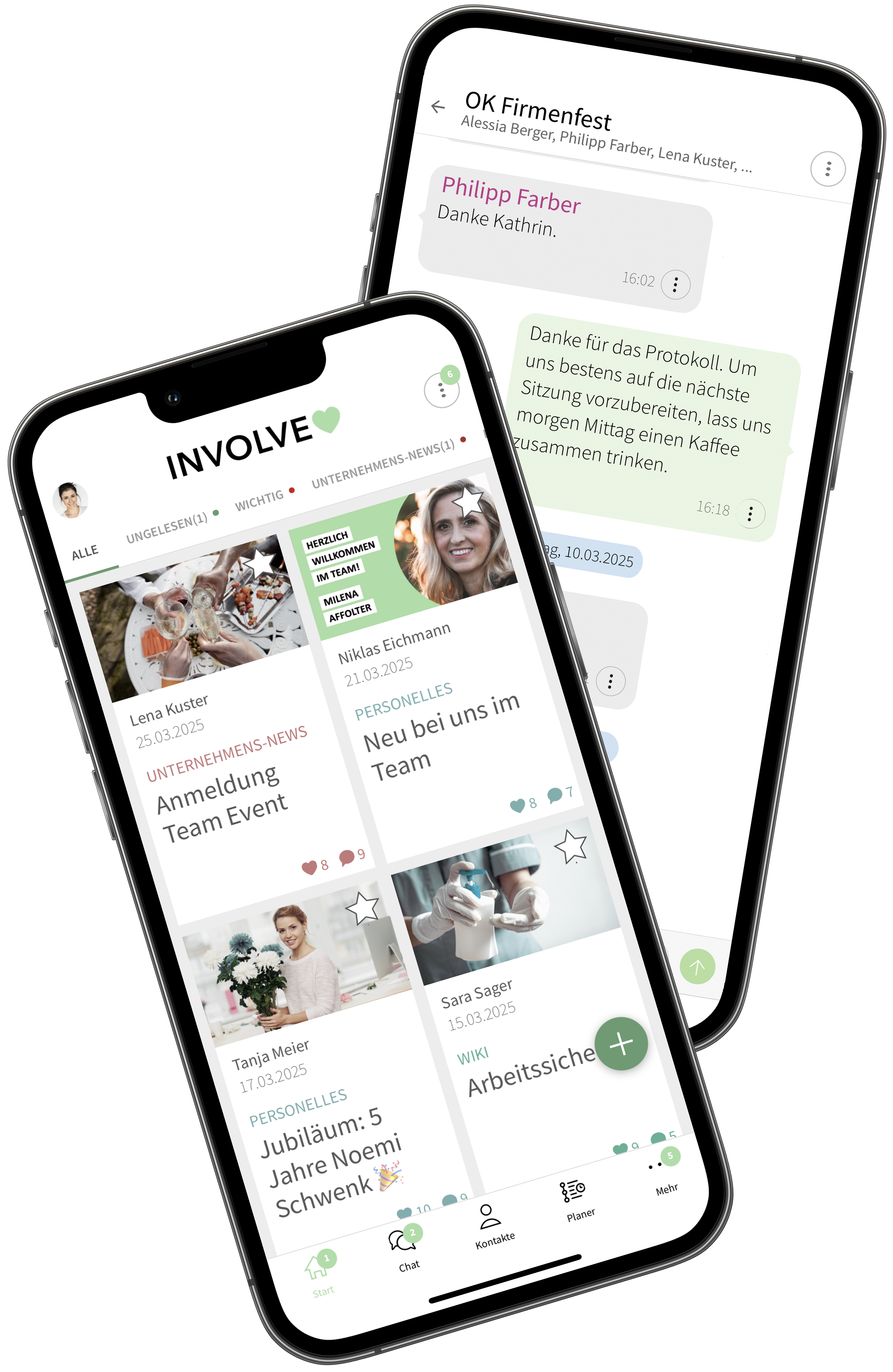 Zwei Smartphone-Bildschirme mit geöffneter Involve-Mitarbeitenden-App. Auf dem ersten Bildschirm ist die News Seite geöffnet, auf dem zweiten Bildschirmist  ein Gruppenchat geöffnet geöffnet