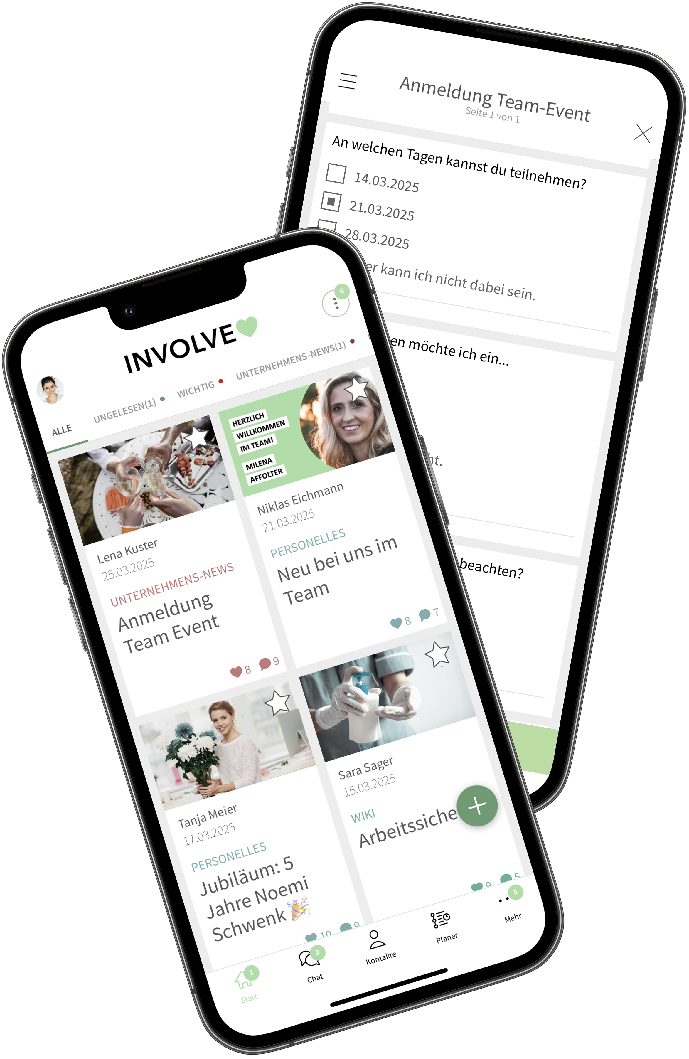 Zwei Smartphone-Bildschirme mit geöffneter Involve-Mitarbeitenden-App. Auf dem ersten Bildschirm ist die News Seite geöffnet, auf dem zweiten Bildschirmist eine ausgefüllte Umfrage zur Teilnahme an einem Team-Event geöffnet.