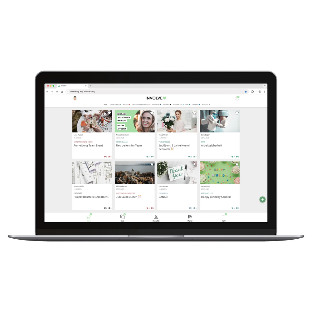 Notebook-Bildschirm mit Desktop Version der Involve Mitarbeitenden App