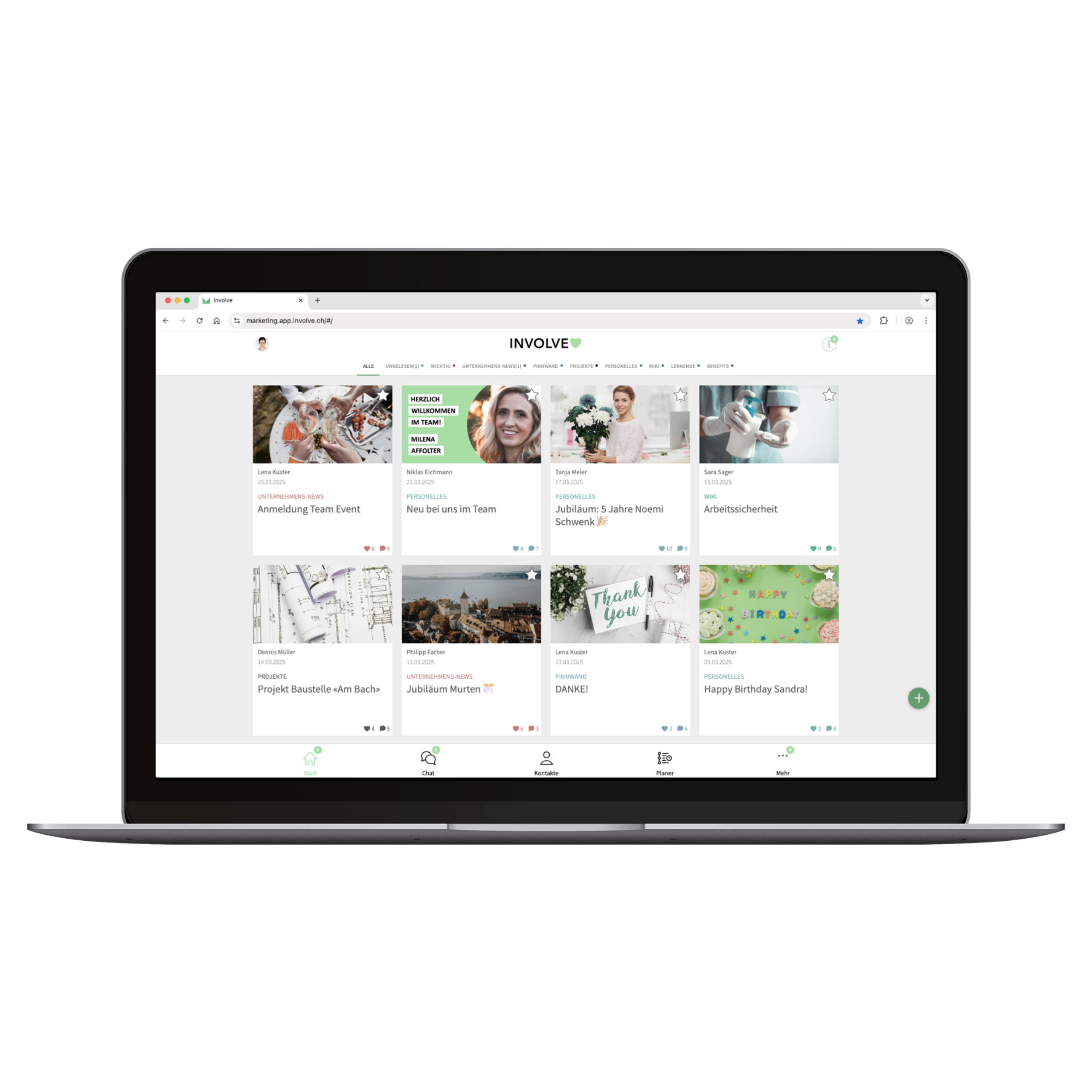 Notebook-Bildschirm mit Desktop Version der Involve Mitarbeitenden App