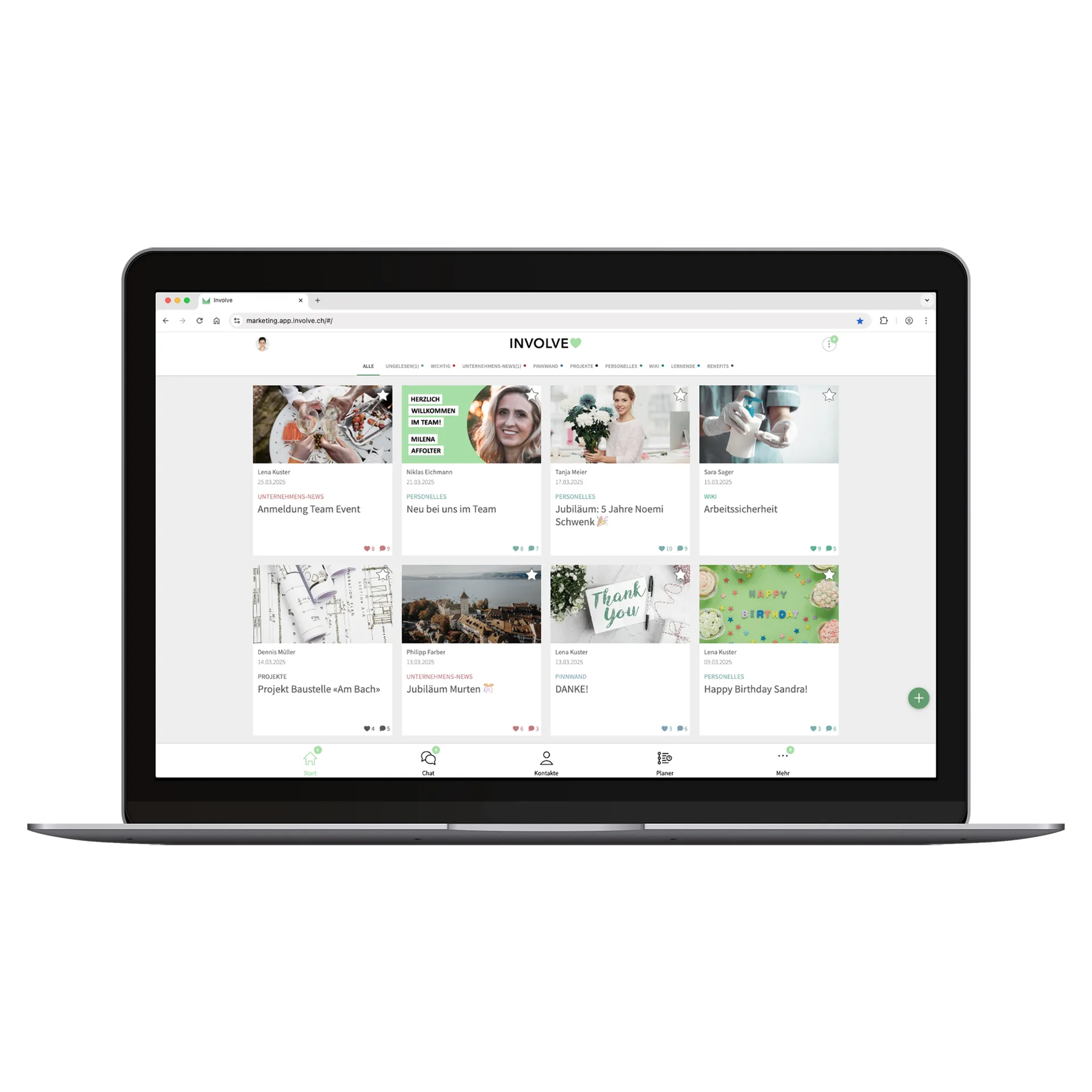 Notebook-Bildschirm mit Desktop Version der Involve Mitarbeitenden App