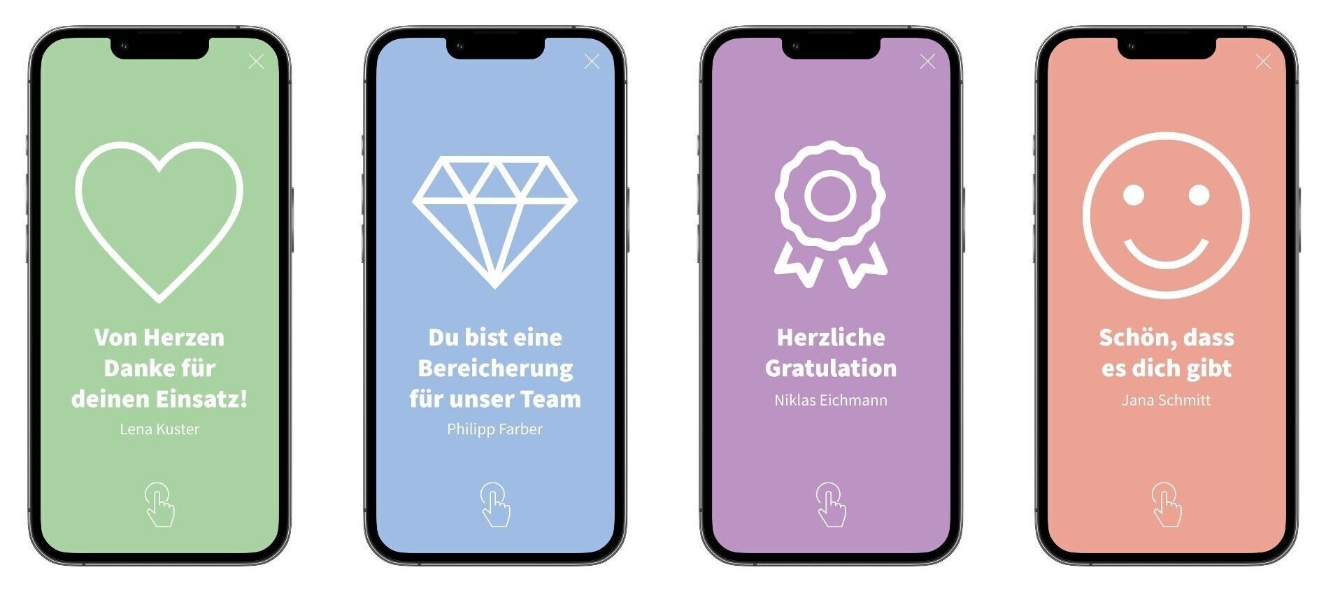 Ansicht von vier Mobiltelefonen, welche je eine andere Wertschätzungskarte zeigen