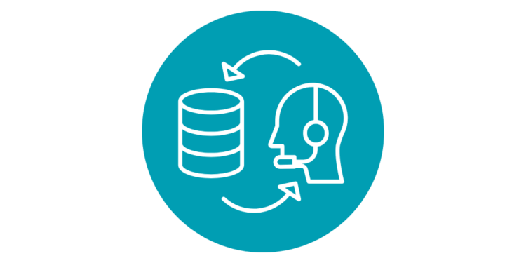 Icon von einem Mensch mit Headset, der mit Daten kommuniziert.