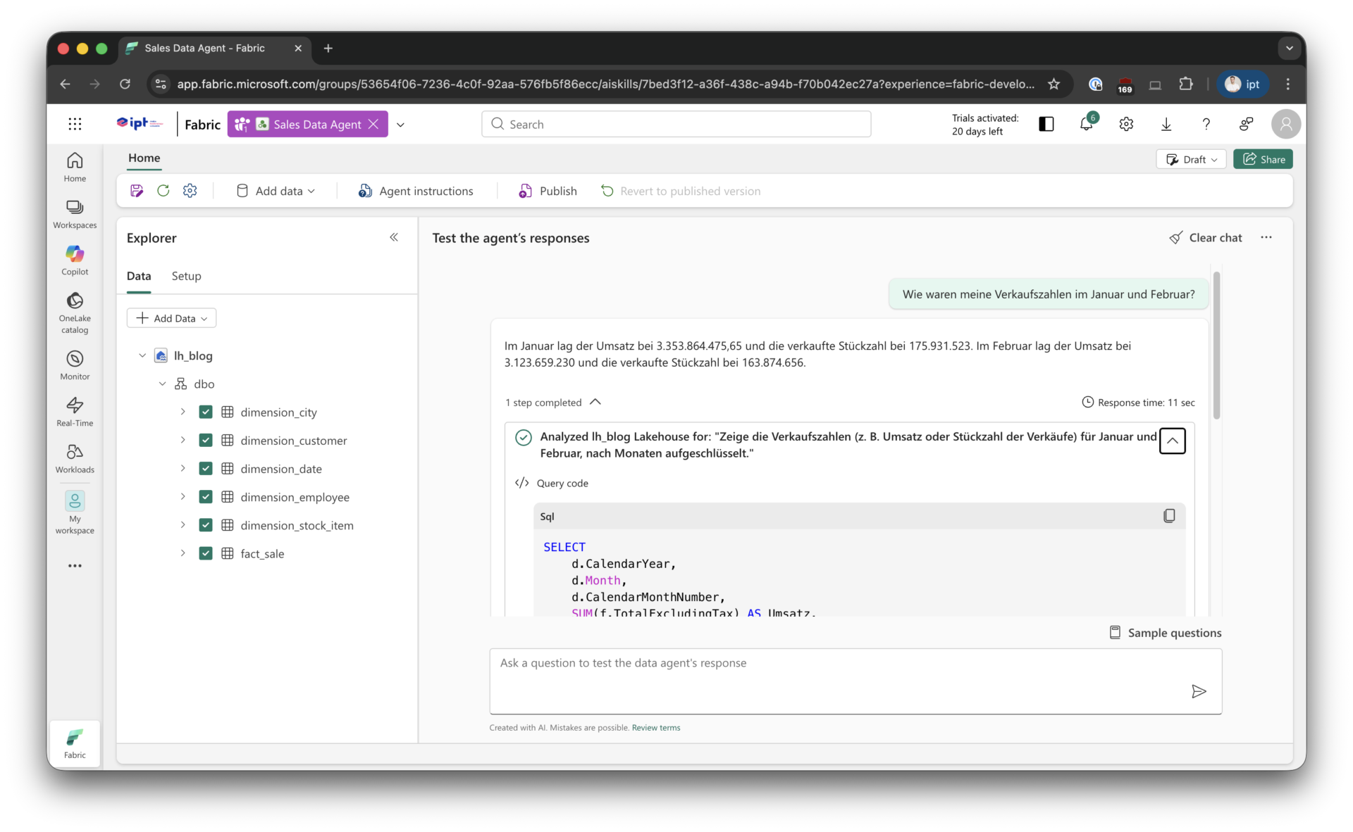 Die Architektur des Microsoft Fabric Data Agent zeigt die Übersetzung von natürlicher Sprache in SQL, DAX und KQL Code.