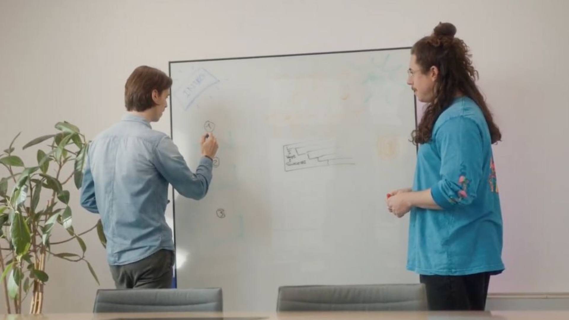 Zwei IT-Experten von ipt stehen vor einem Whiteboard, auf das sie schreiben.