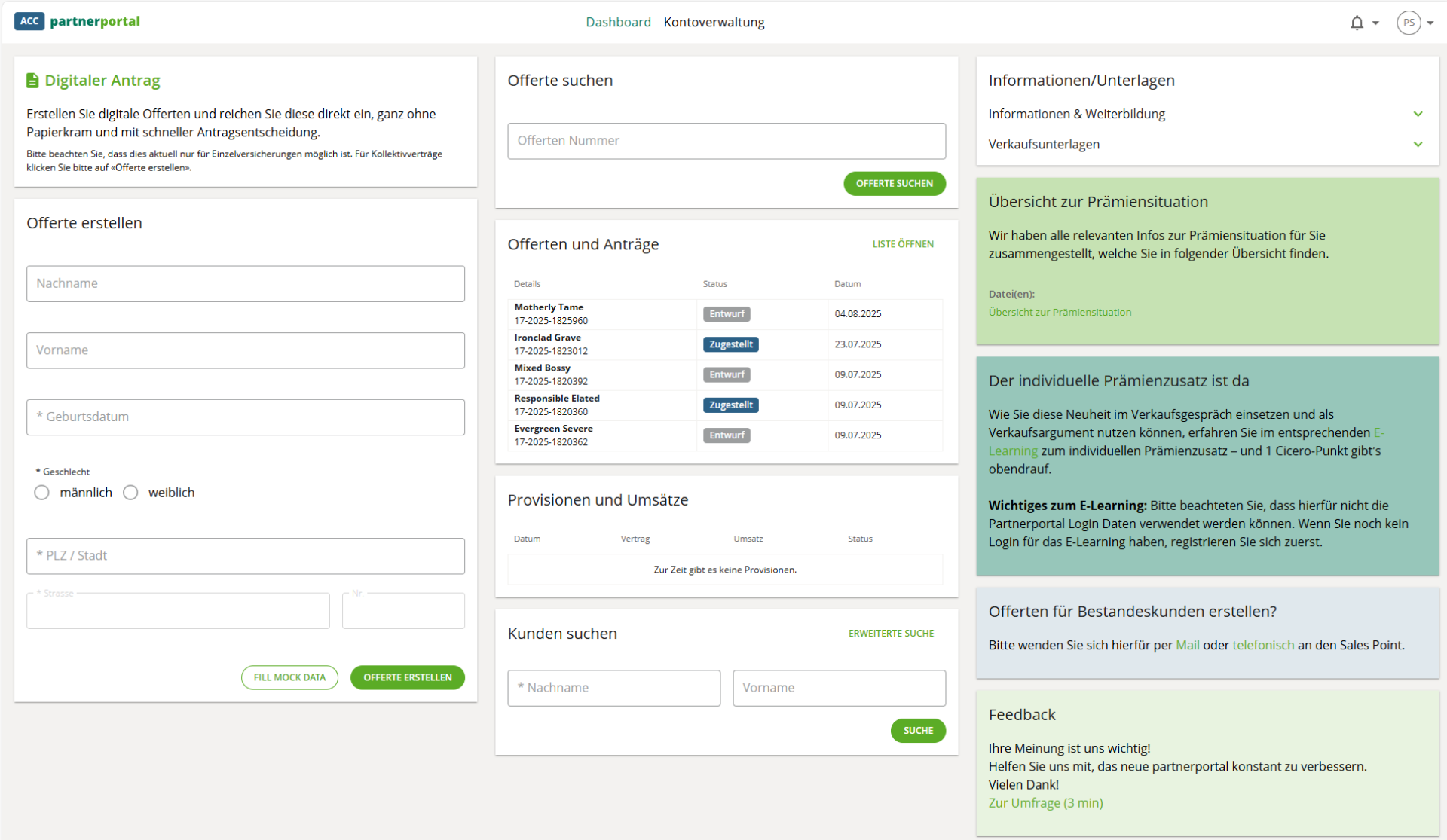 Dashboard des Partnerportals von Sanitas mit alles Funktionalitäten auf einen Blick.