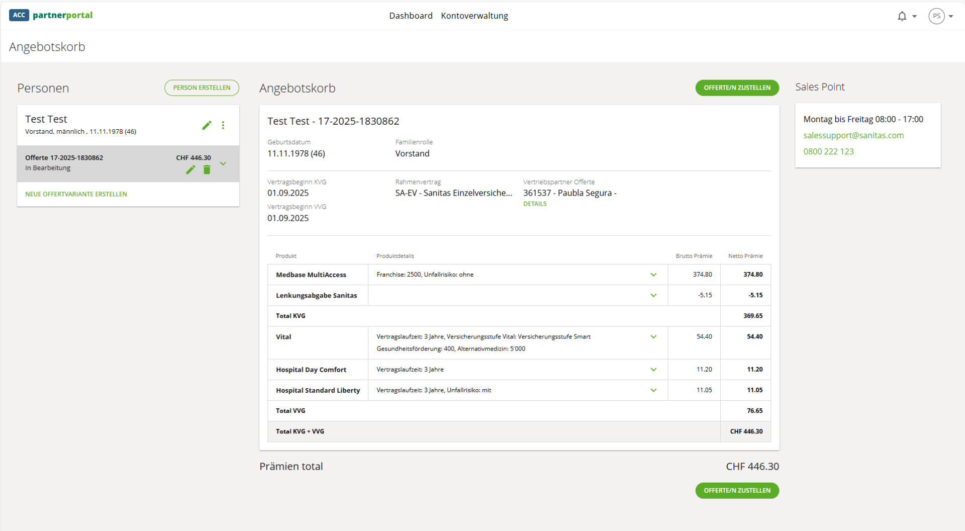 Offerterstellung für Vertriebspartner:innen innerhalb der Partnerportals von Sanitas.