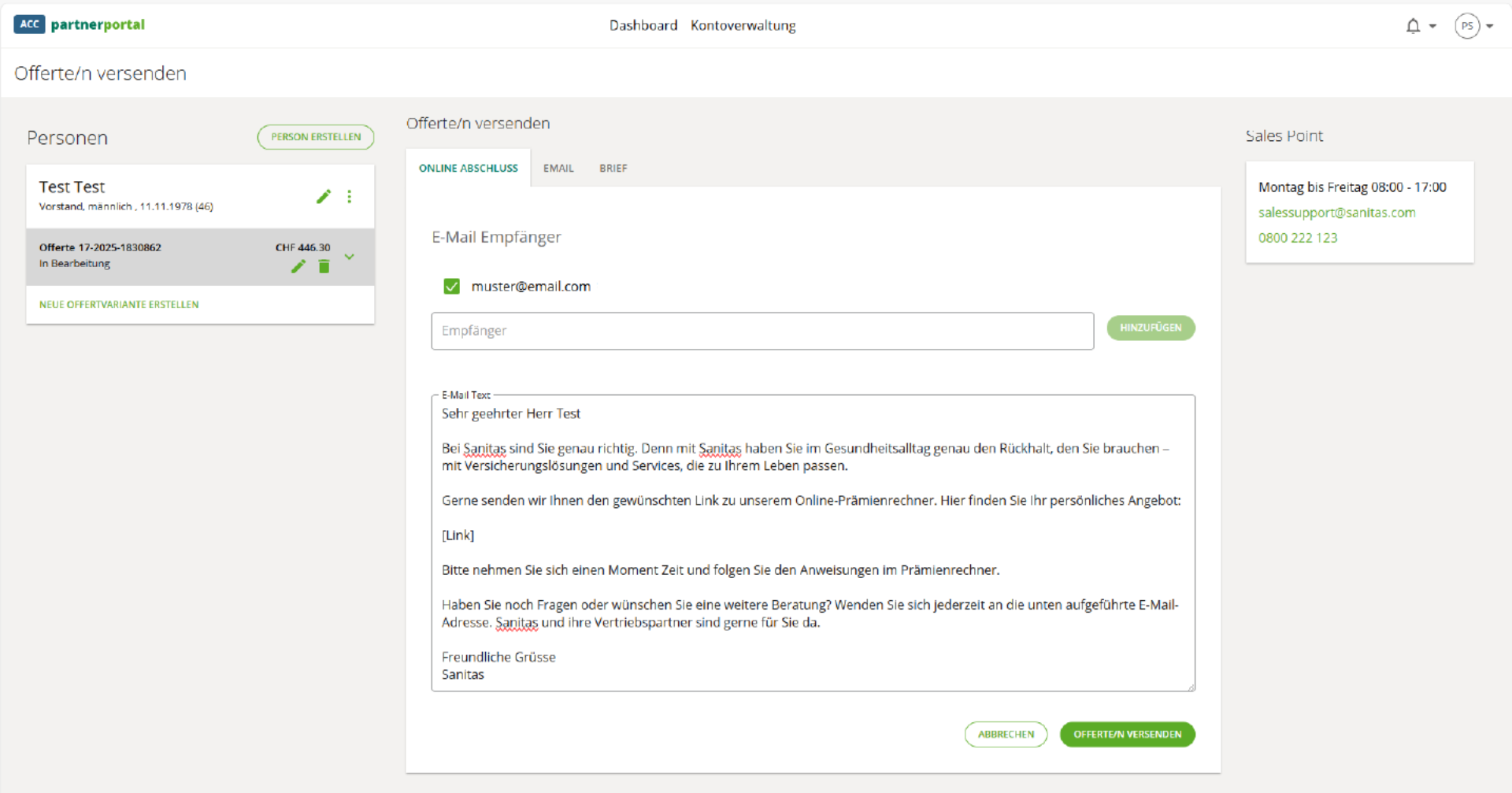 Offerten, die direkt aus dem Partnerportal von Sanitas durch die Vertriebspartner:innen verschickt werden können.