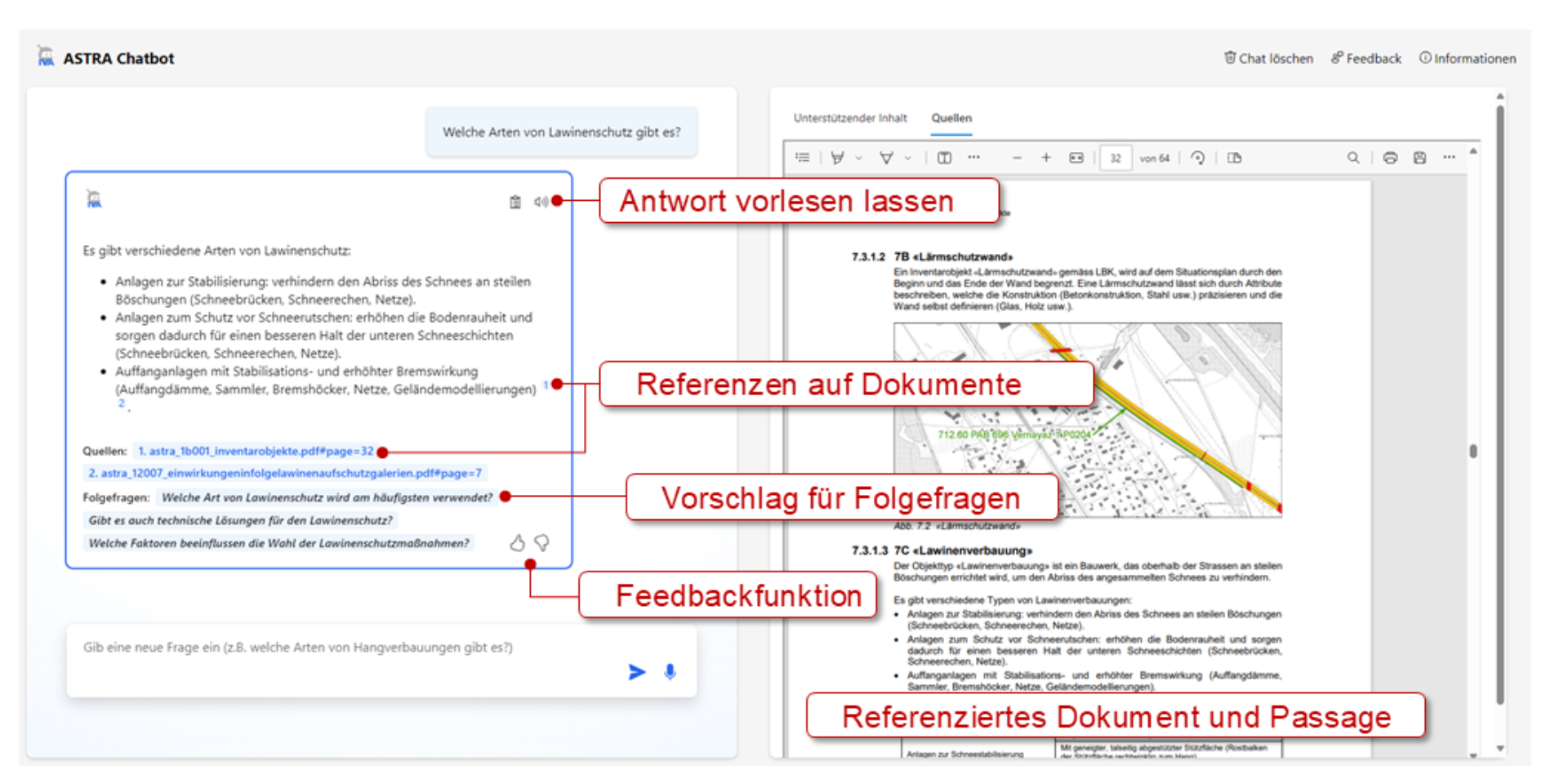 Verschiedene Elemente der Nutzeroberfläche des KI-Assistenten IVA vom Bundesamt für Strassen.