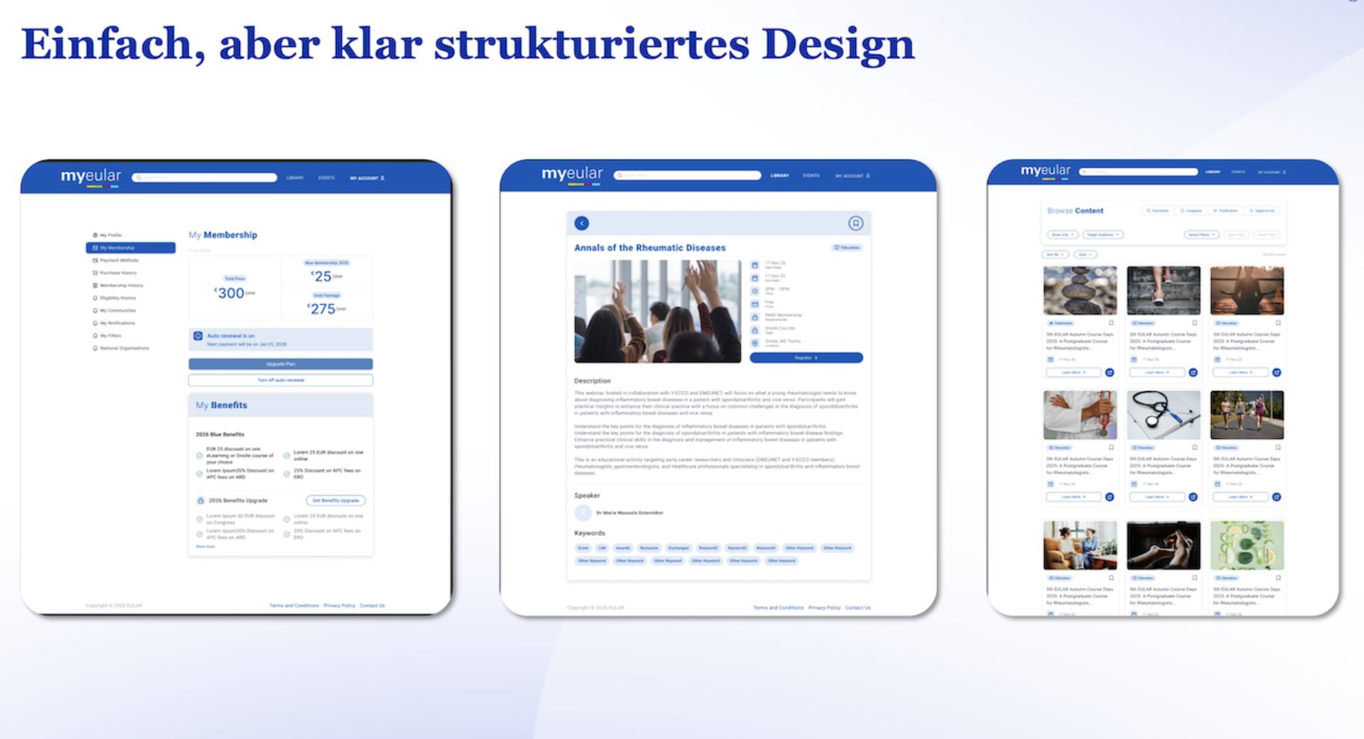 Einfaches, klar strukturiertes Design von myEULAR.
