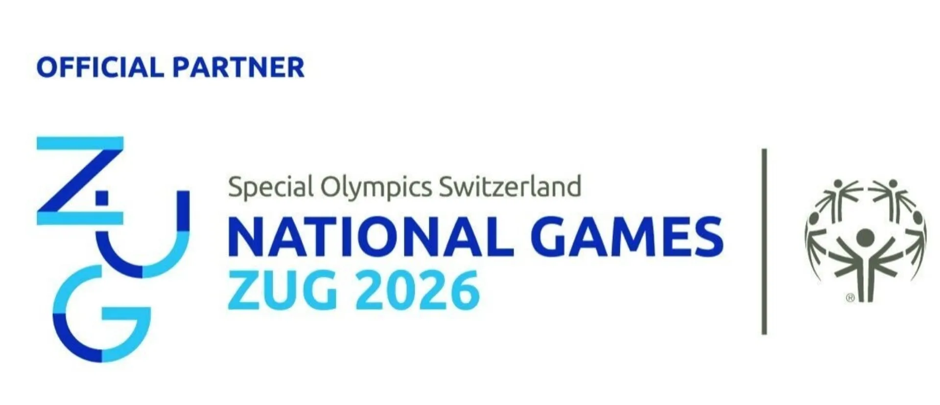 Logo der Special Olympics mit blauem Schriftzug: Zug Nation Games Zug 2026 Logo der Special Olympics mit blauem Schriftzug: Zug Nation Games Zug 2026