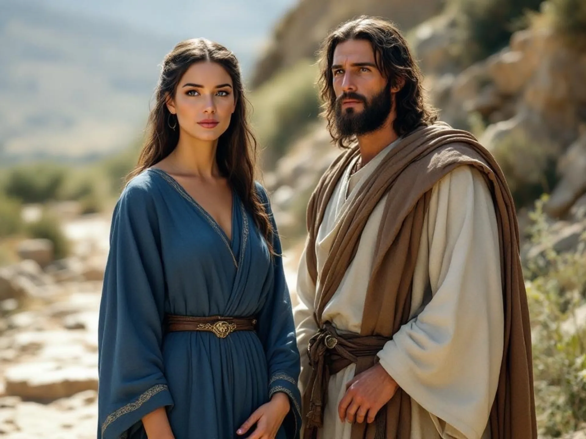 KI-generiertes Bild einer selbstbewussten Maria Magdalena neben Jesus.