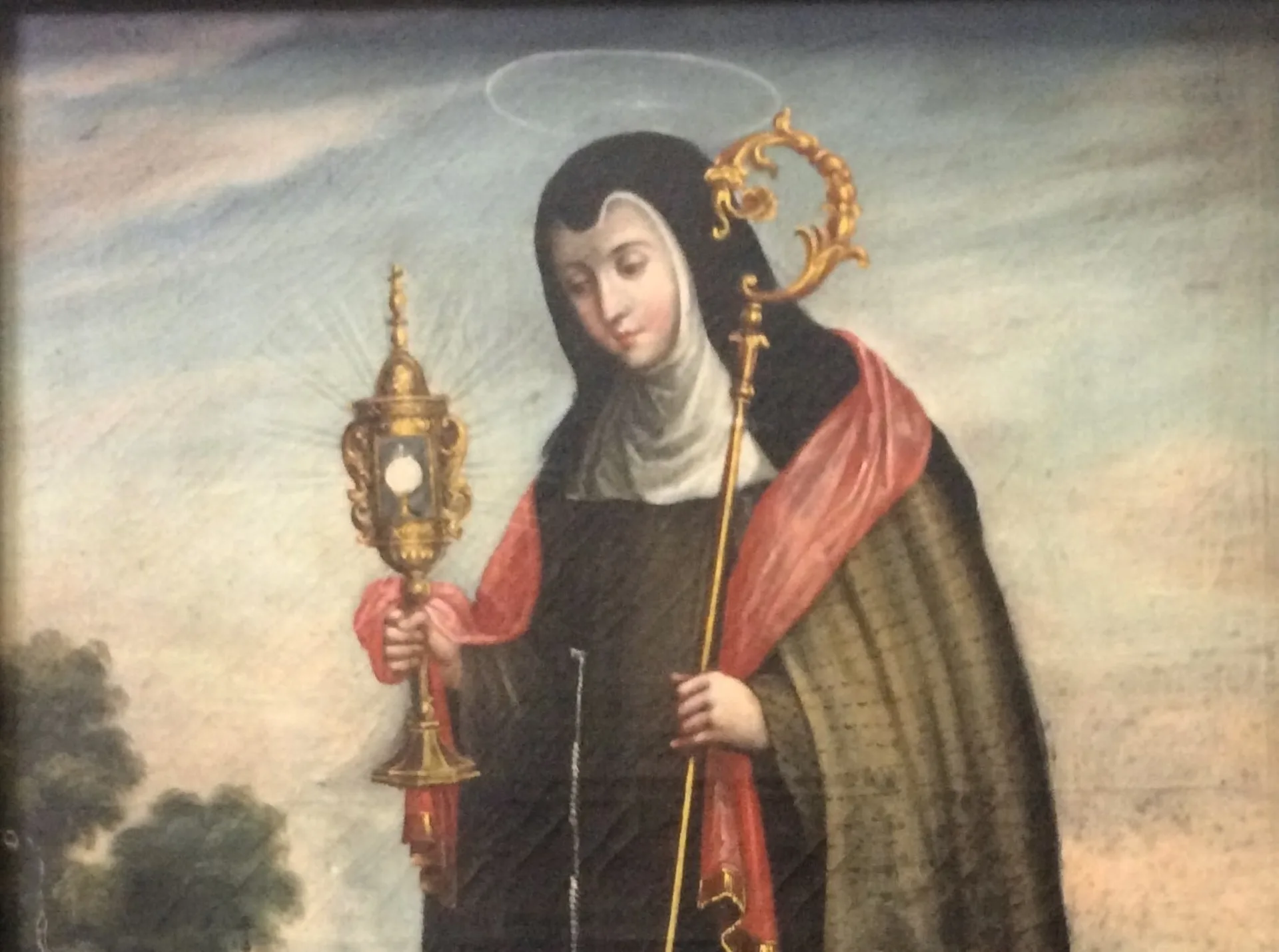 Bemerkenswertes Bild von Klara von Assisi mit der Monstranz in der einen und dem Bischofsstab in der anderen Hand. Bemerkenswertes Bild von Klara von Assisi mit der Monstranz in der einen und dem Bischofsstab in der anderen Hand.