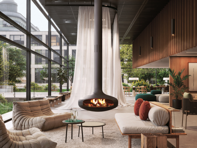 Freihängender Focus Kamin Domofocus Bioethanol in einem Hotel